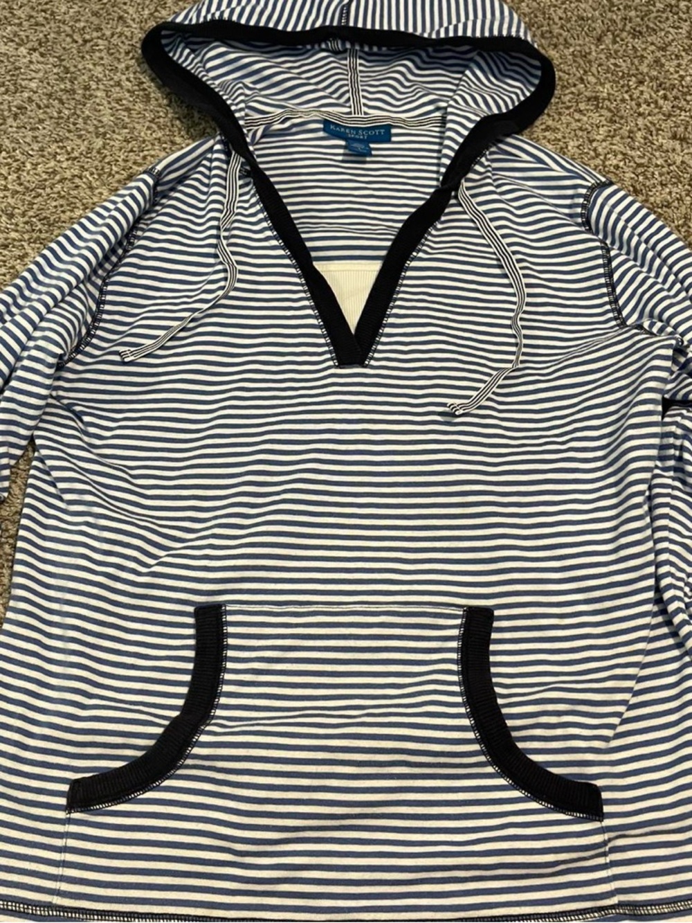 Karen Scott Blue and White Striped Hooded Pullover
